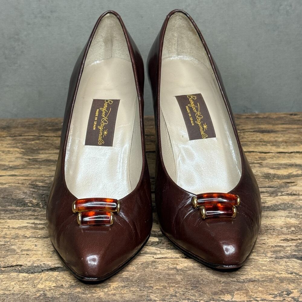 Vintage 80s Barefoot Originals Brown Leather Pointed Pumps Tortoise Gold 7 Spain